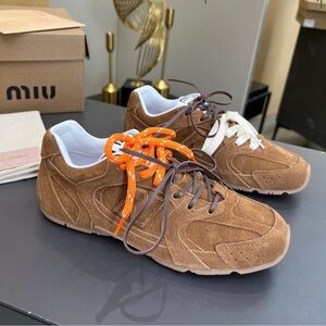 Miu Miu Brown Suede Sneakers with Orange and White Laces
